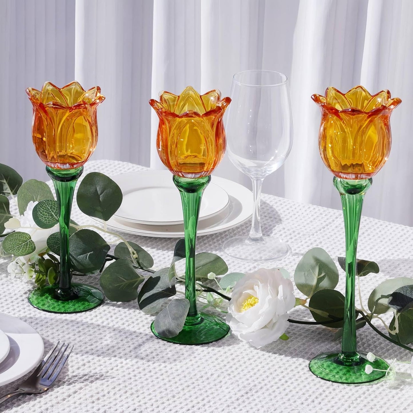 Orange Tulip Glass Votive Candle Holders, Sculptural Table Accent (Set of 3)