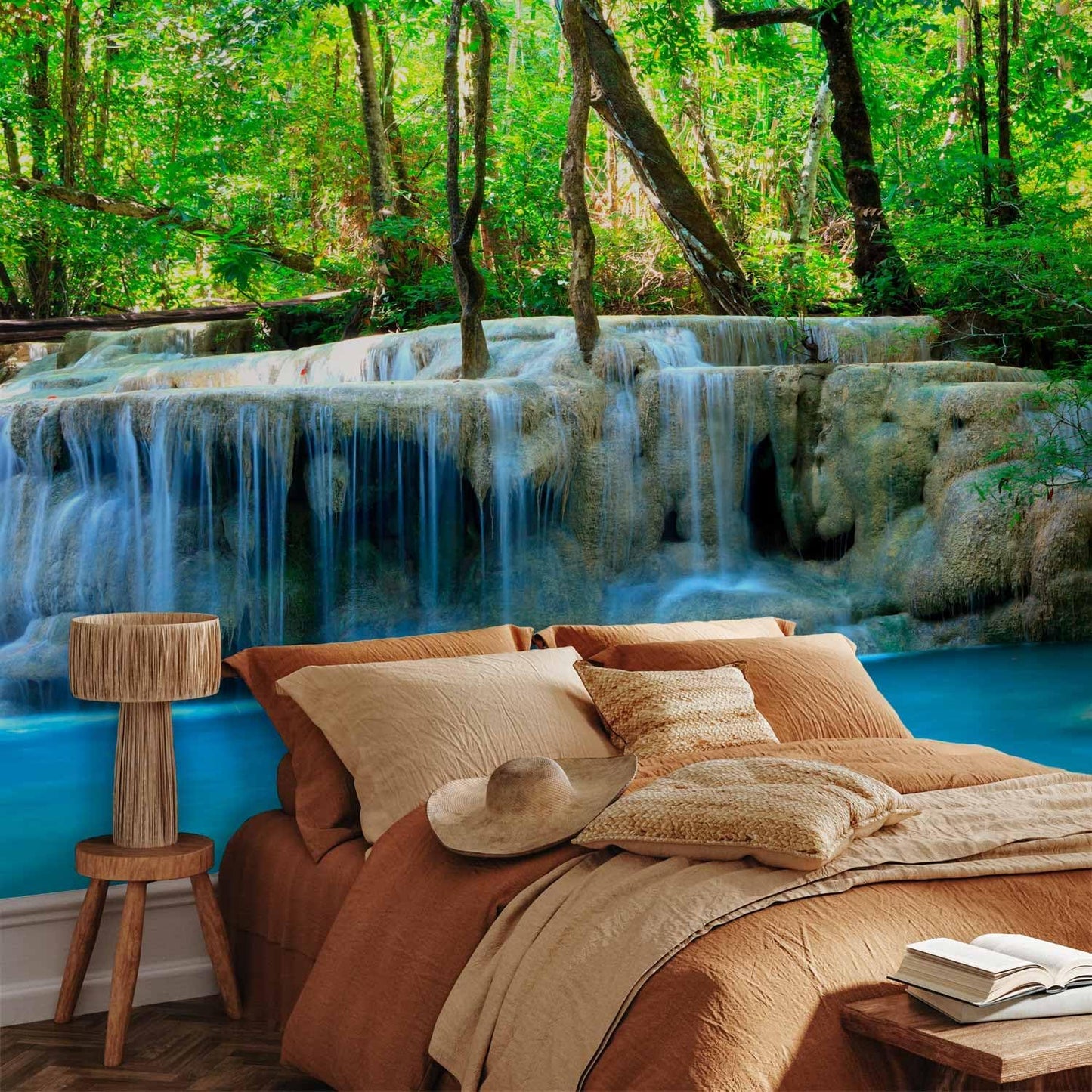 artgeist Wall Mural Peel and Stick Waterfall Landscape 212x98 in - XXL Self-Adhesive Corner Wallpaper Removable Large Sticker Foil Angle Wall Decor Print Nature Forest Tree Green c-B-10074-a-a