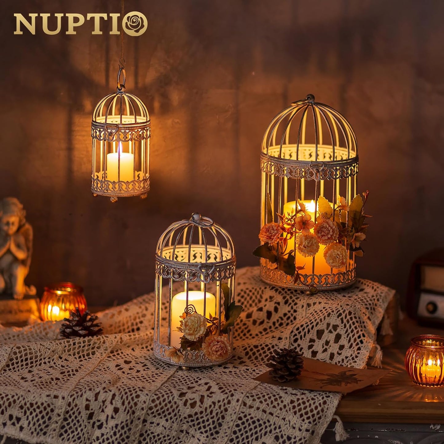 Decorative Bird Cage Lantern: 2 Set of 10 inch Tall Rustic White Birdcage Lanterns Centerpiece Vintage Decorating Metal Pillar Candle Holder for Christmas Bridal Shower Party Decor