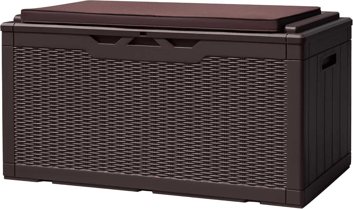 Devoko 100 Gallon Deck Box, Waterproof Resin Outdoor Storage Box with Cushion for Outside and Patio, Large Outdoor Storage Bench Cabinet Lockable for Patio Furniture and Garden Tools (Deep Brown)