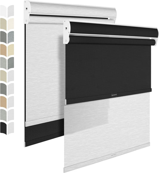BERISSA Cordless Dual Roller Shades with Cassette Valance, Double Window Blackout and Light Filtering, Day and Night for Home Office Door. Linen Black and White. 40 W x 64" H