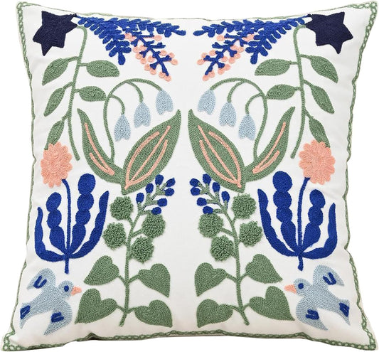 Embroidered Throw Pillow Case Spring Romantic Flower Cushion Cover Farmhouse Woven Printed Pillowcase for Living Room Sofa Floral Breeze