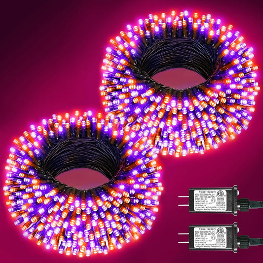 2 Pack Halloween Lights Outdoor, Total 200FT 600 LED Purple Orange String Lights for Outside with 8 Modes Waterproof, Plug in Halloween Decorations for Indoor House Patio Garden Party Holiday