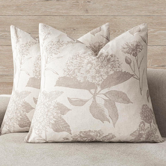 Foindtower Set of 2 Linen Floral Vintage Throw Pillow Covers Neutral Accent Decorative Cushion Covers Farmhouse Boho Home Decor for Sofa Chair Couch Bedroom Living Room Outdoor,24×24 Inch,Tan Beige