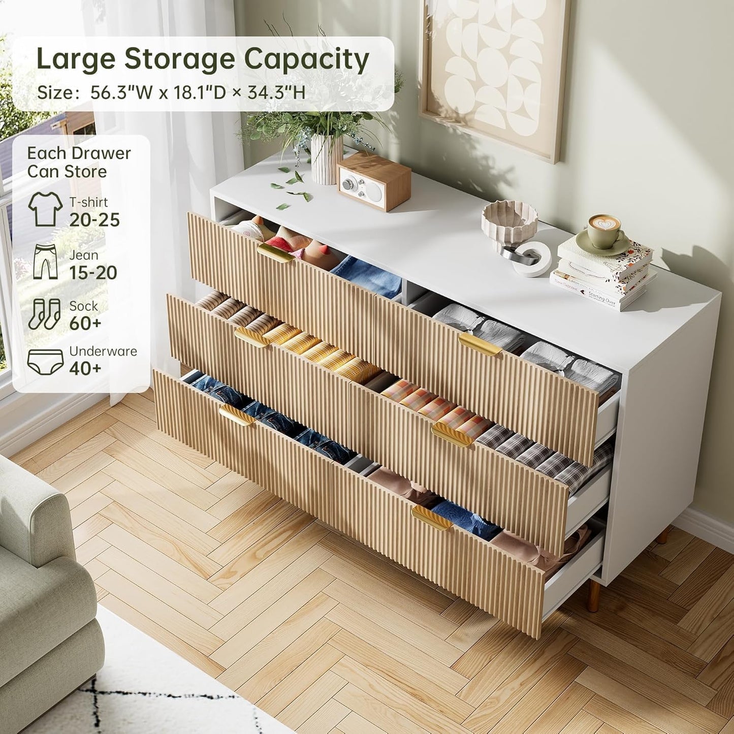 GAOMON 6 Drawer Dresser, Wood Chest of Drawers Organizer Storage with Gold Handle, Large Storage Cabinet, Modern Design Dresser for Bedroom, Living Room, Closet, Hallway, Entryway, Natural
