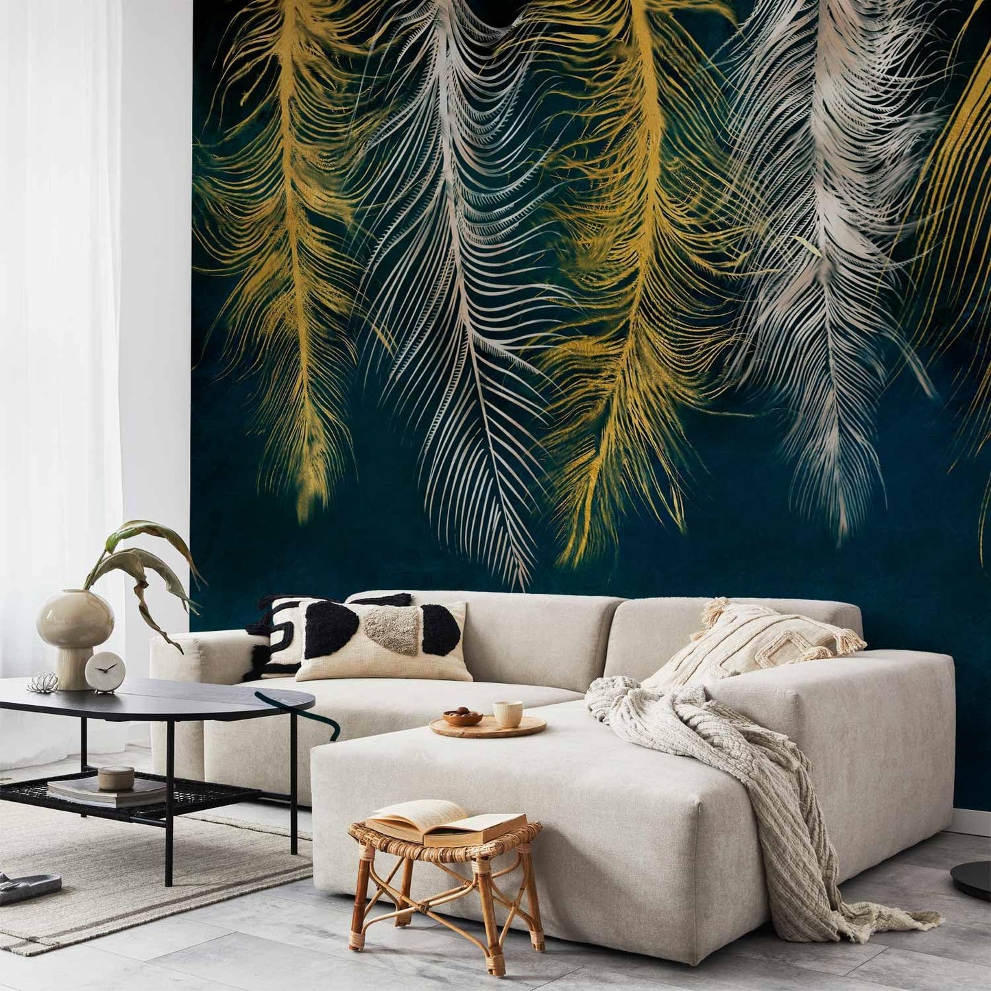artgeist Wall Mural Feather 116x83 in - XXL Peel and Stick Self-Adhesive Wallpaper Removable Large Sticker Foil Wall Decor Print Picture Image Design Abstract Beige Navy Blue b-A-0812-a-a