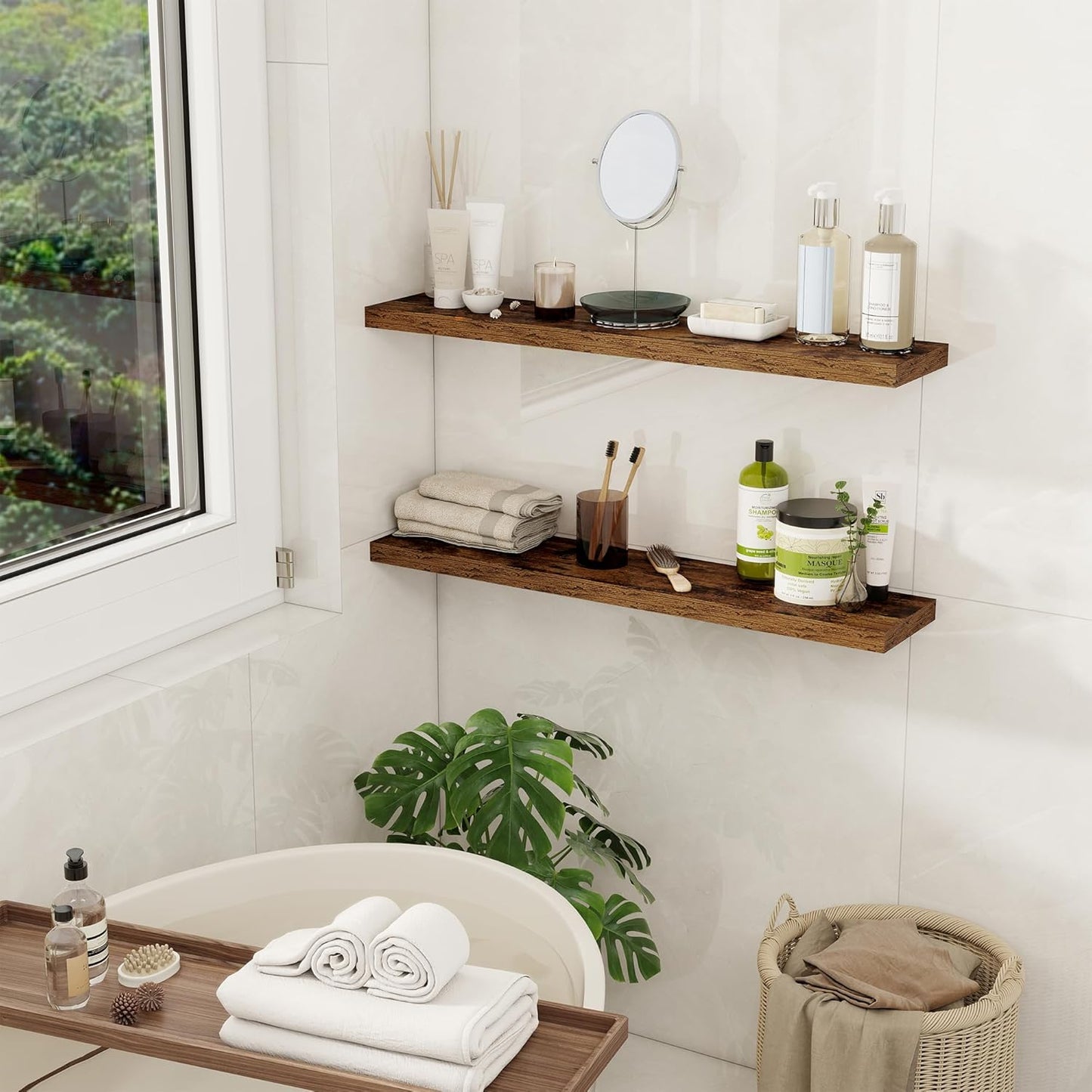 32” Rustic Floating Wall Shelves Set of 2 — Heavy Duty Wood Wall Shelves for Living Room, Kitchen, Bathroom &amp; Bedroom Storage