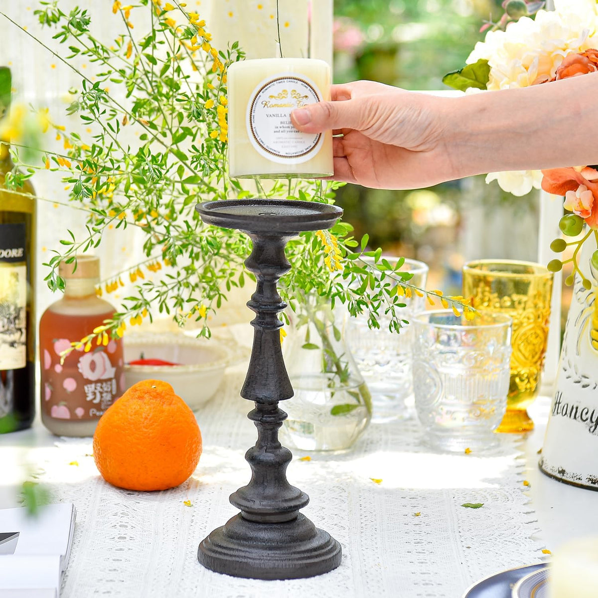 Rustic Cast Iron Pillar Candle Holder, 9.6" Tall Vintage Candlestick Holders, Table Centerpiece Metal Candle Holder, Farmhouse Candle Stand for Fireplace Shelf Home Decor