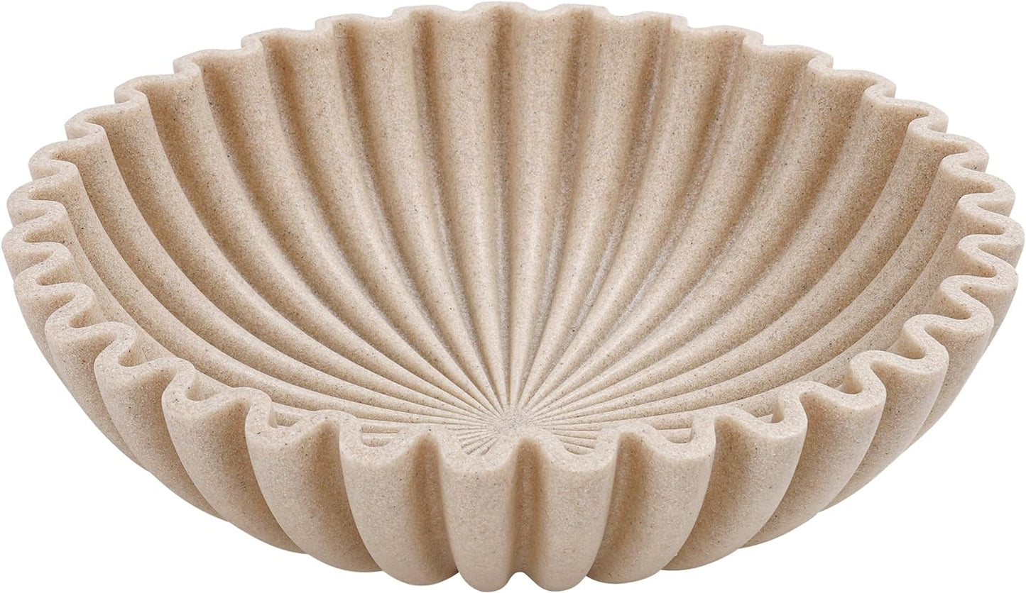 Large Decorative Bowl, Modern Handicraft Bowls for Home Decor, Decorative Fruit Bowl for Kitchen Counter, Ruffle Decor, Stylish Key Bowl for Entry Table, Artificial Stone Beige
