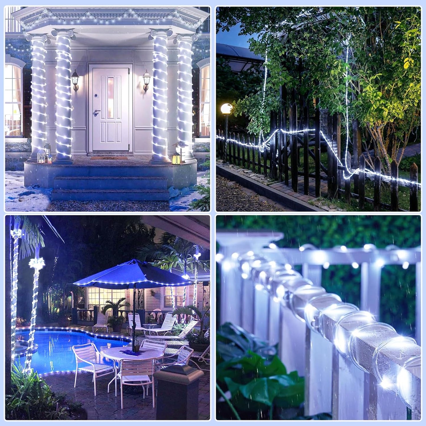 100FT 300 LED Rope Lights Outdoor, Connectable and Flexible Tube Lights with 8 Modes, Waterproof Rope Lighting Indoor for Deck, Garden, Patio, Landscape, Pool, Party Decorations - White