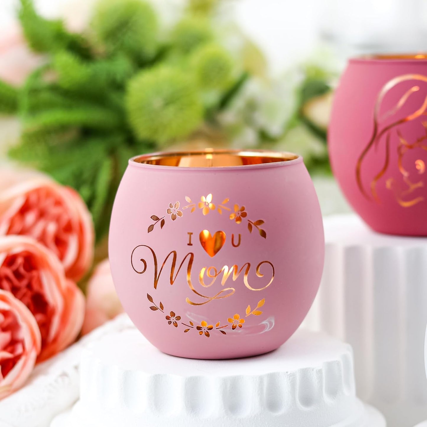 Engraved Pink Glass Tealight Candle Holders Set, Decorative Votive Holders for Table &amp; Shelf Decor