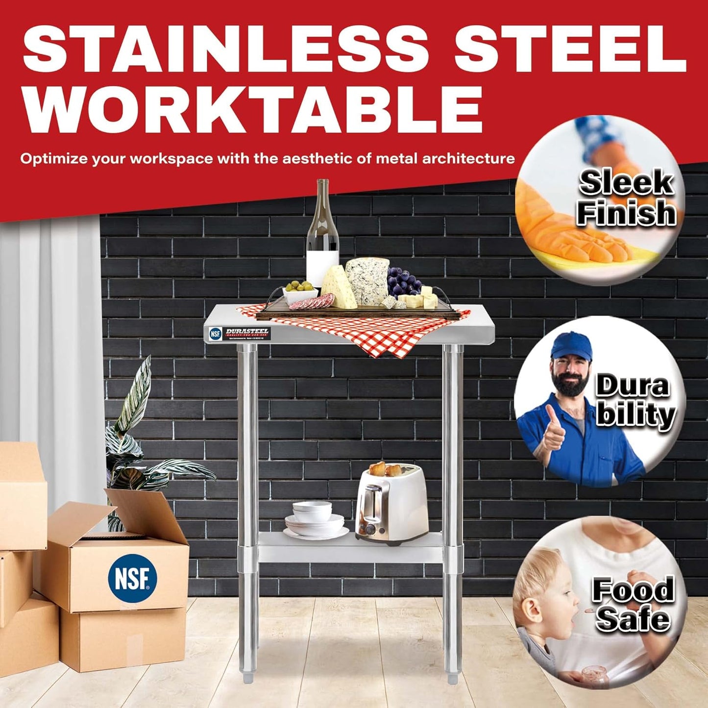 DuraSteel 30x12 Narrow Stainless Steel Table - NSF Small Food Prep Worktable - Counter Height Metal Side Station with Under Shelf - For Laundry Room, Kitchen, Outdoor Grill, Small Spaces