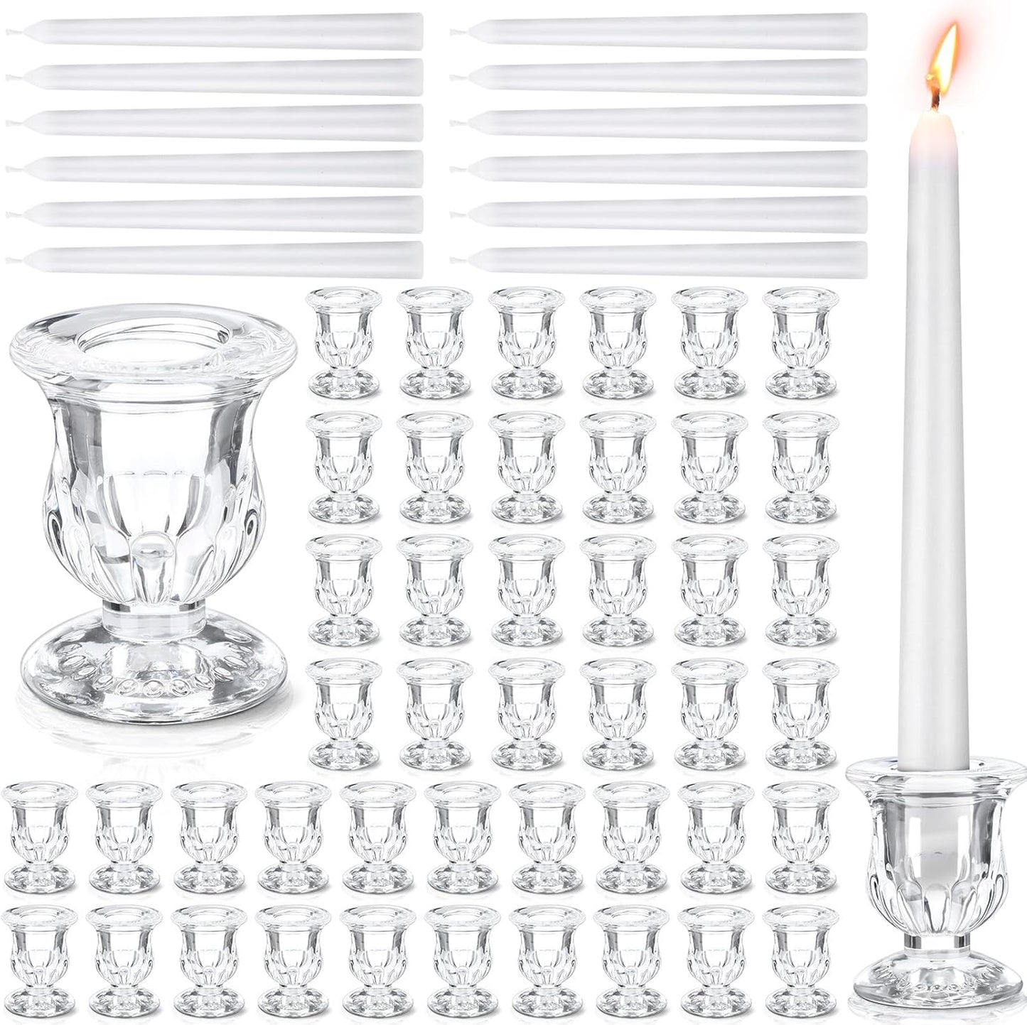 Clear Glass Taper Candle Holders Bulk Set, 2.5 Inch Transparent Candlestick Holders