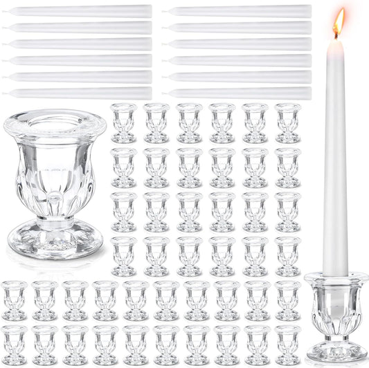 Clear Glass Taper Candle Holders Bulk Set, 2.5 Inch Transparent Candlestick Holders