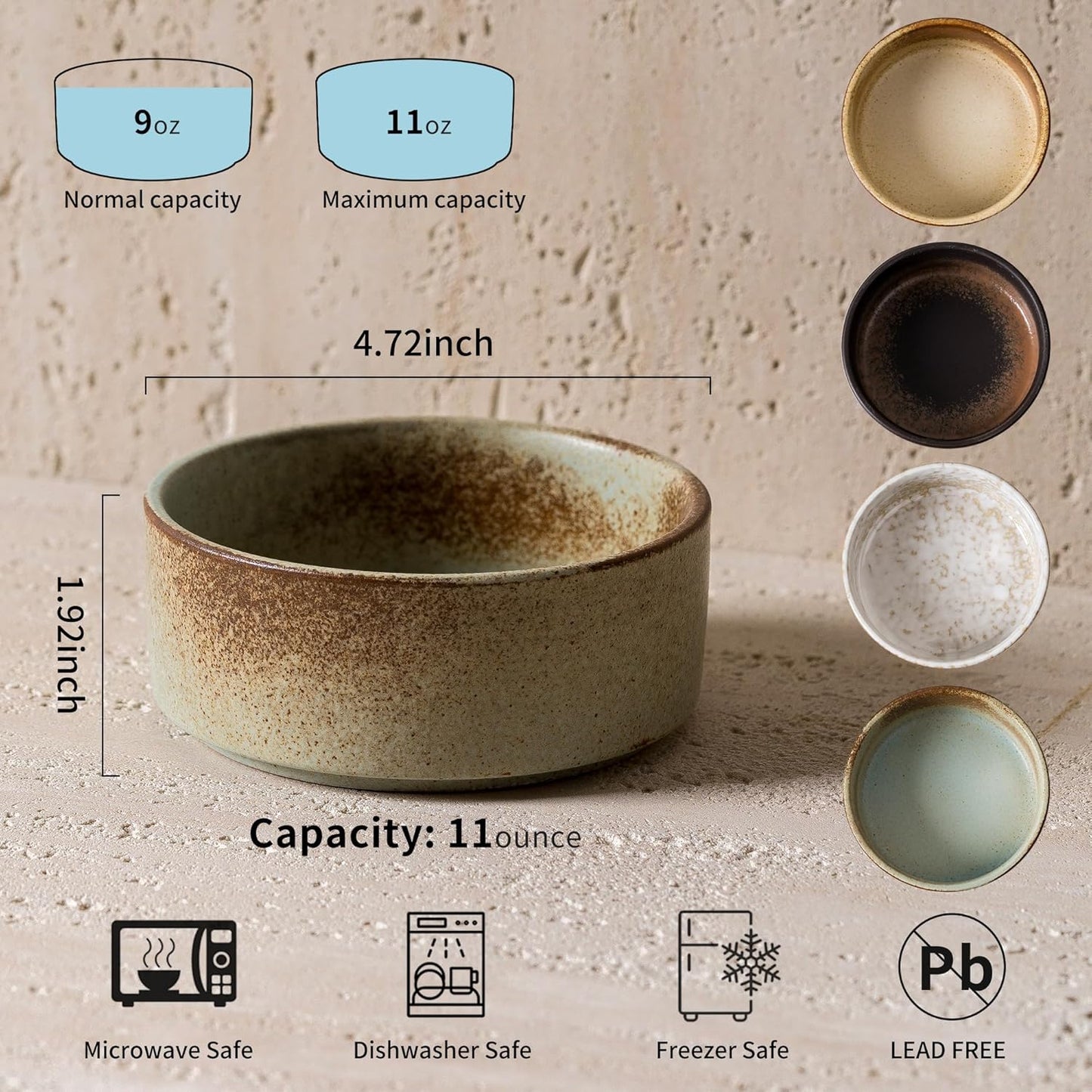 Ceramic Bowl Sets of 4, 4.5 Inches Mix Color, Small Bowls Set Farmhouse Vintage Color Bowls for Kitchen, 10 oz Bowl for Dessert, Dip, Side Dishes, Ice Cream, Fruit, Rice Dishwasher Microwave Safe