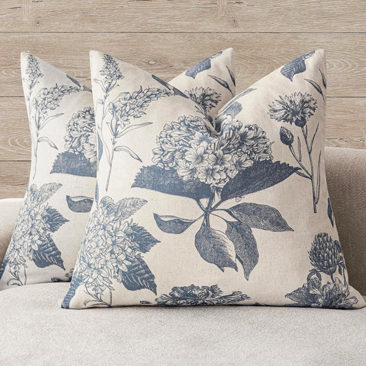 Foindtower Set of 2 Linen Floral Vintage Throw Pillow Covers Neutral Accent Print Decorative Cushion Covers Farmhouse Boho Home Decor for Sofa Chair Couch Bedroom Living Room Outdoor,20×20 Inch,Blue
