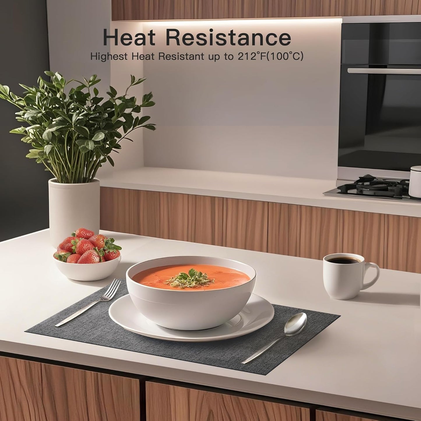 DOLOPL Placemats Set of 4, Reversible Wipeable & Heat Resistant Place Mats, Modern Faux Leather Table Mats for Kitchen, Neutral Waterproof Tablemats for Dining Table Decor, Wedding, Party(Charcoal)