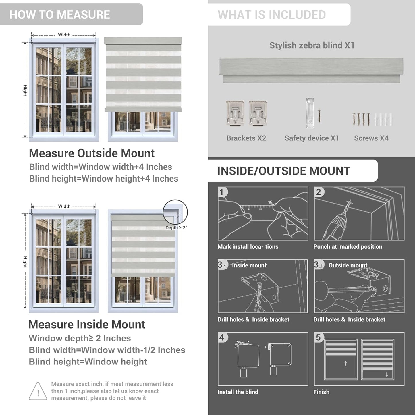 Cordless Zebra Blinds for Windows, Blackout Interior Blinds,Easy to Install,UV Protection,for Offices and Home,Custom Roller Shades, Solid White, 50" W x 56" H
