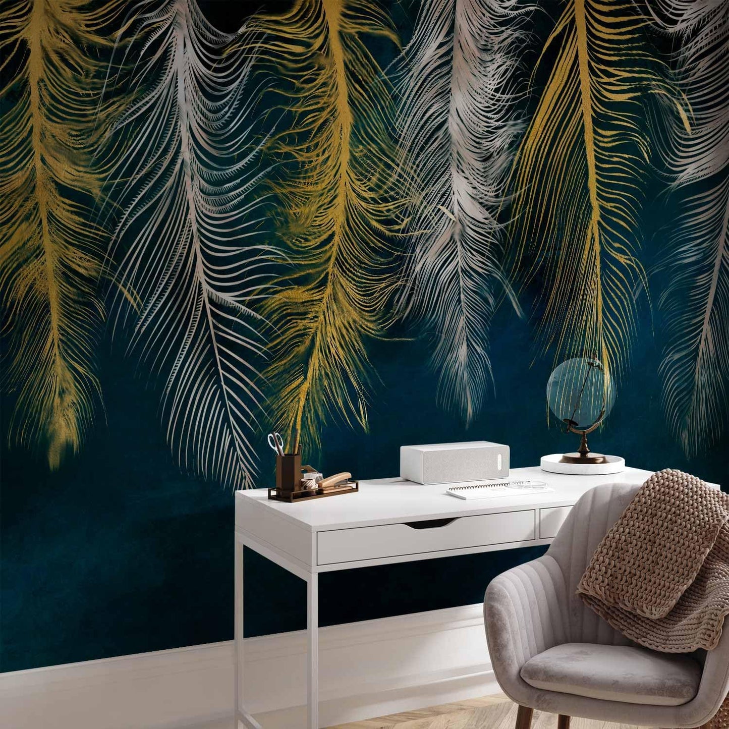 artgeist Premium Wall Mural Feather 138x101 in - Non-Woven Wallpaper Fleece Wall Decor Photo Print Picture Image Design Landscape Abstract Beige Navy Blue b-A-0812-a-a