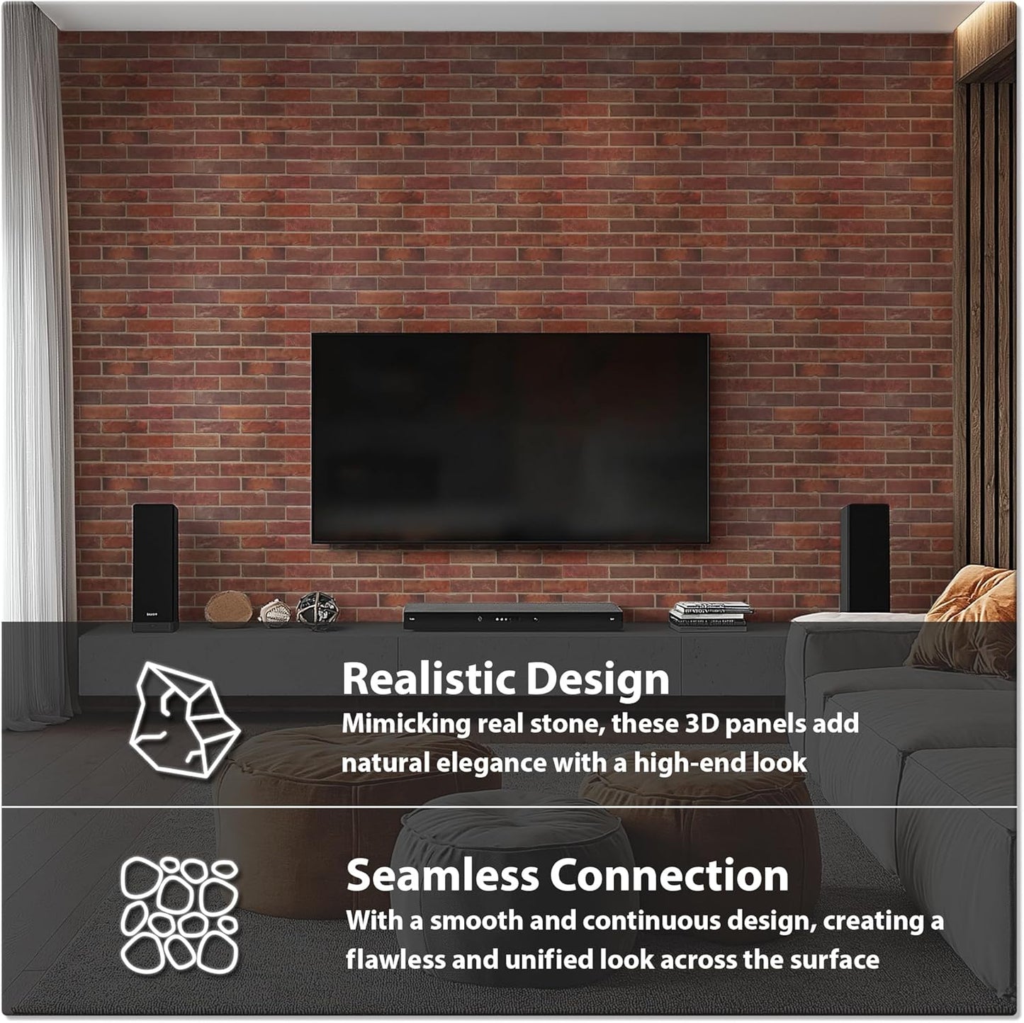 CONCORD WALLCOVERINGS ™ Sample for Display Purpose only Retro-Art 3D Wall Panel, Faux Brick in Red, PVC, 7" x 10", 570TG