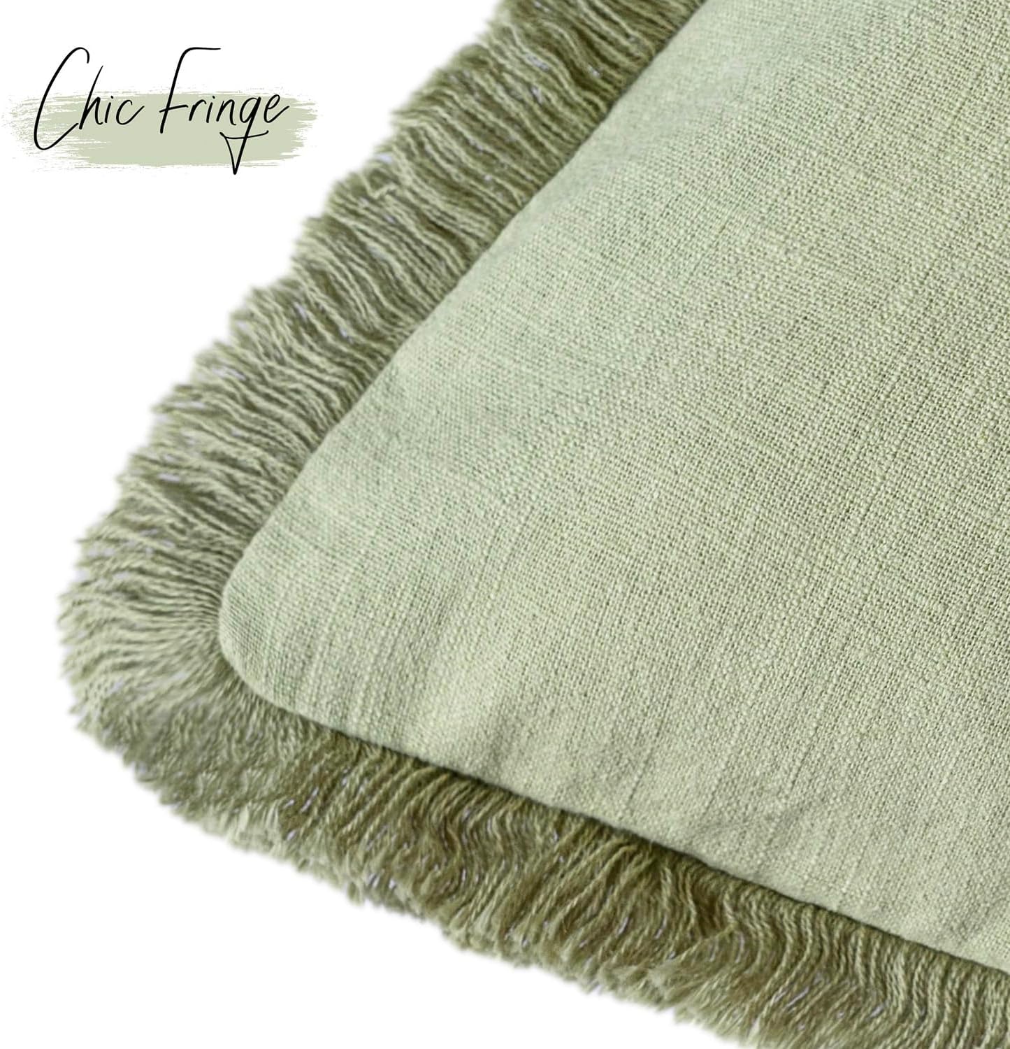 Foindtower Set of 2 Decorative Linen Fringe Throw Pillow Covers Boho Farmhouse Cushion Cover with Tassels Soft Accent Pillowcase for Couch Sofa Bed Living Room Home Decor,18×18 Inch,Light Sage Green