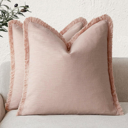 Foindtower Set of 2 Decorative Linen Fringe Throw Pillow Covers Boho Farmhouse Cushion Cover with Tassels Soft Accent Pillowcase for Couch Chair Sofa Bed Living Room Home Decor,24×24 Inch,Light Pink