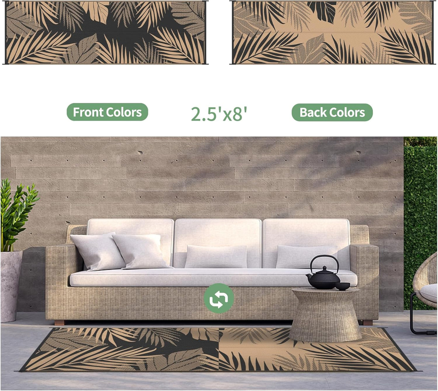 GENIMO Outdoor Rug 2.5' x 8' Waterproof for Patios Clearance, Reversible Outdoor Plastic Straw Camping Rug Carpet, Large Area Rugs Mats for RV, Camper, Deck, Balcony, Porch, Beach, Picnic, Black&Brown