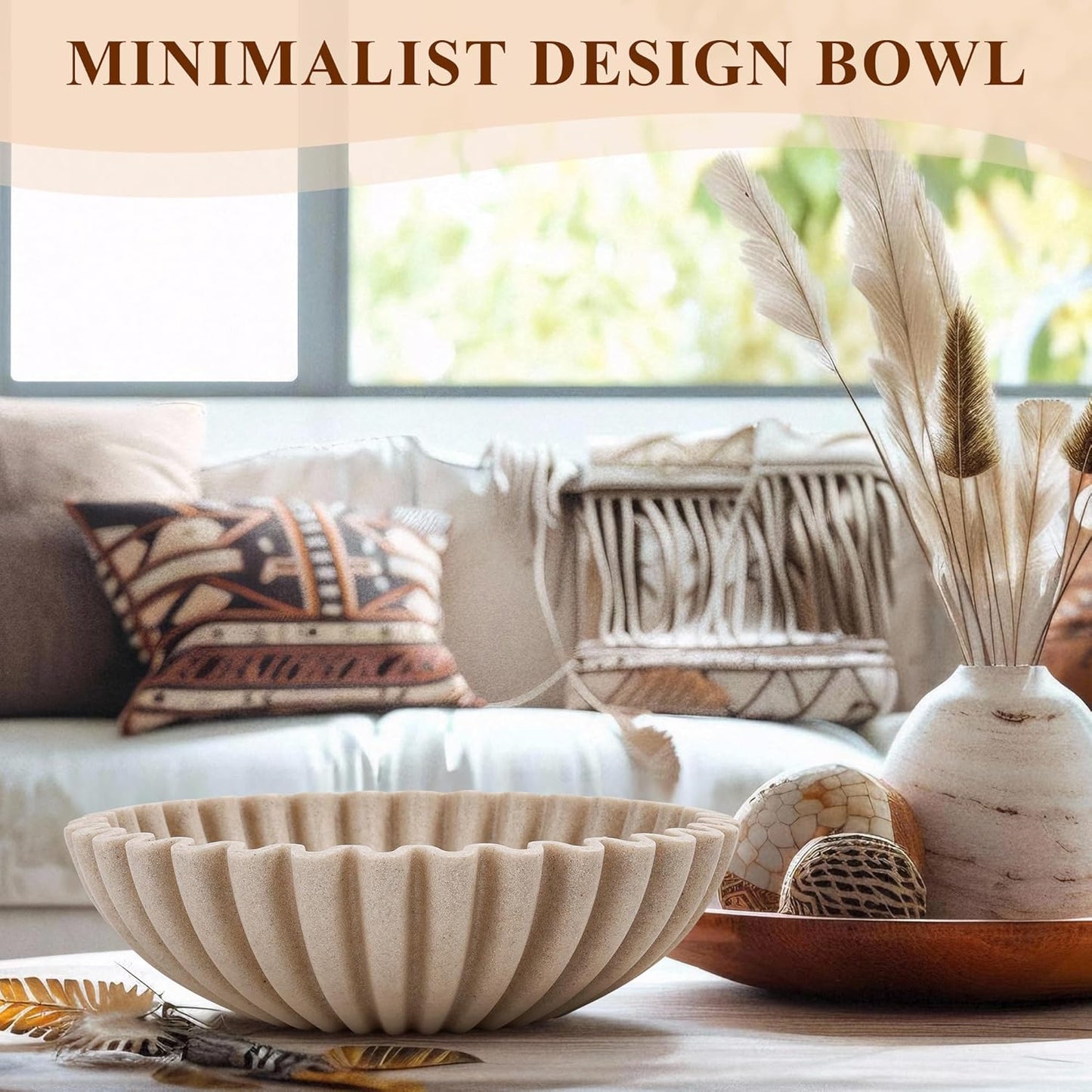 Large Decorative Bowl, Modern Handicraft Bowls for Home Decor, Decorative Fruit Bowl for Kitchen Counter, Ruffle Decor, Stylish Key Bowl for Entry Table, Artificial Stone Beige
