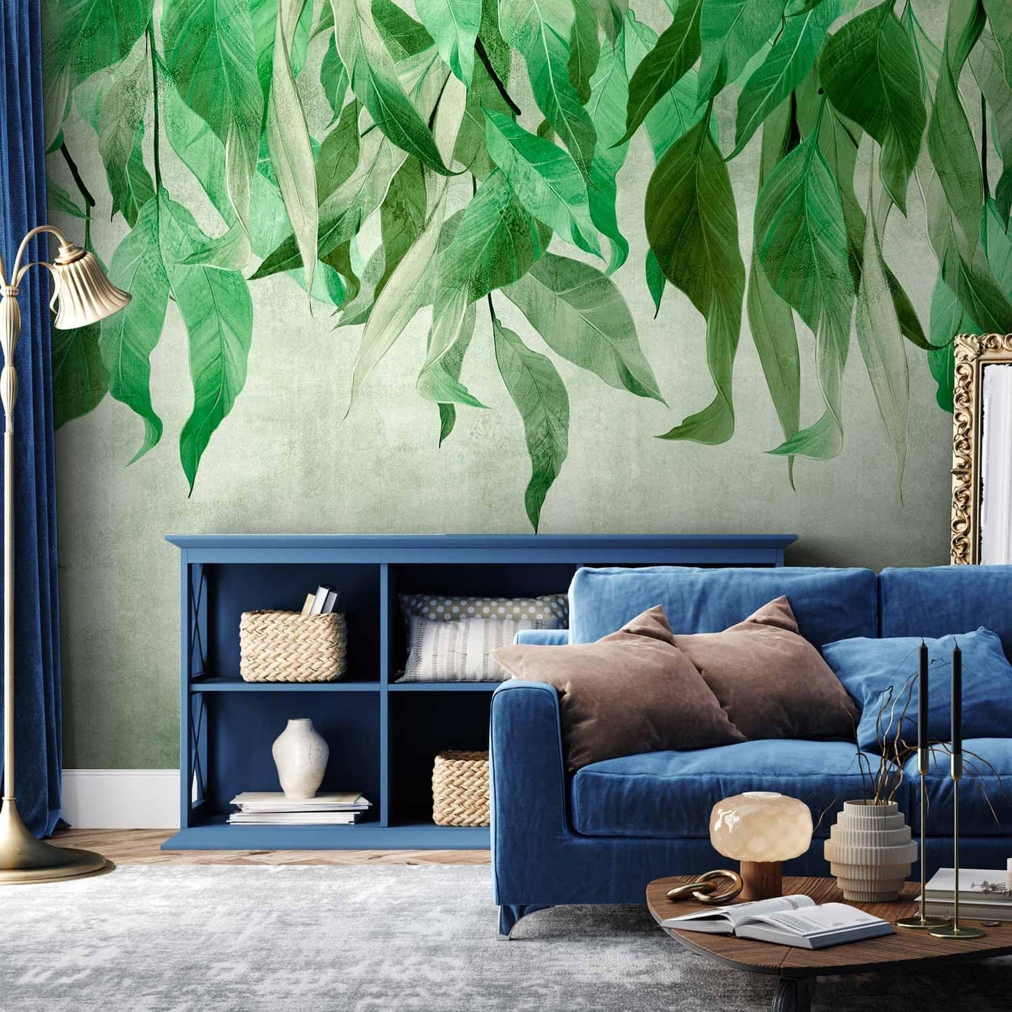 artgeist Wall Mural Hanging Leaves 116x83 in - Peel and Stick Self-Adhesive Wallpaper Removable Large Sticker Foil Wall Decor Print Picture Image Design Nature Botanical Concrete Green b-C-10146-a-a