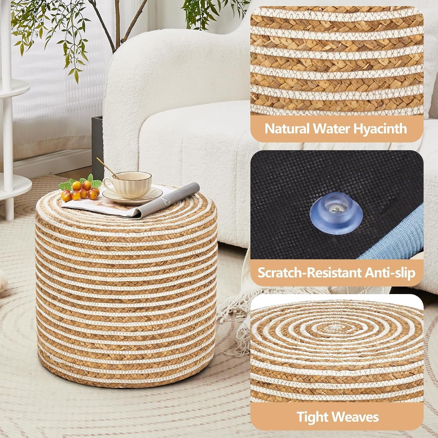 Cplxroc Ottoman Poof, Natural Seagrass Poufs, Hand Weave Round Footstool, Pouffe Accent Chair, Home Decorative Seat, Boho Deco Floor Chair for Living Room, Bedroom (18inch 68LI)