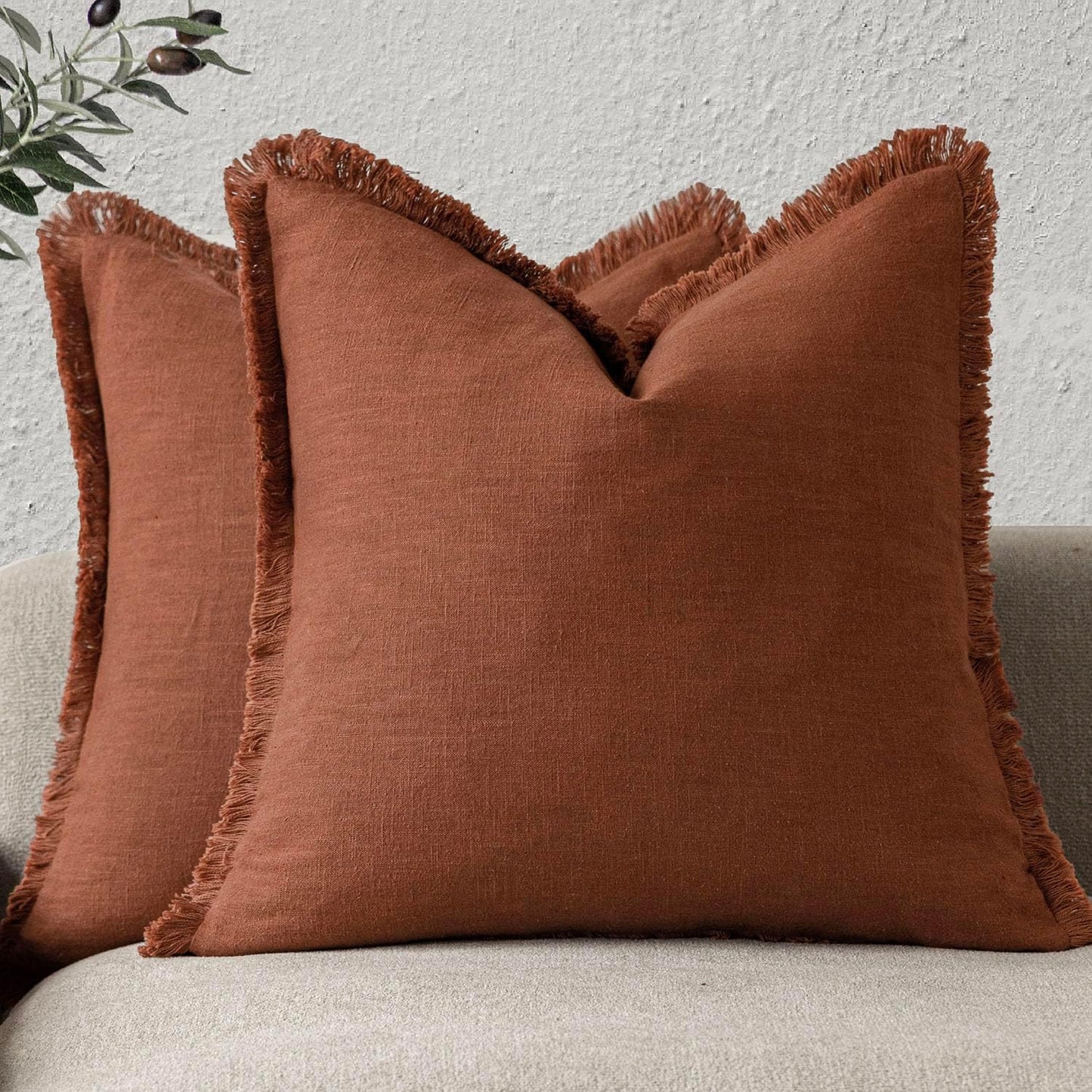 Foindtower Set of 2 Decorative Linen Fringe Throw Pillow Covers Farmhouse Cushion Cover with Tassels Soft Accent Pillowcase for Couch Chair Sofa Bed Living Room Home Decor,18×18 Inch,Fall Rust Orange
