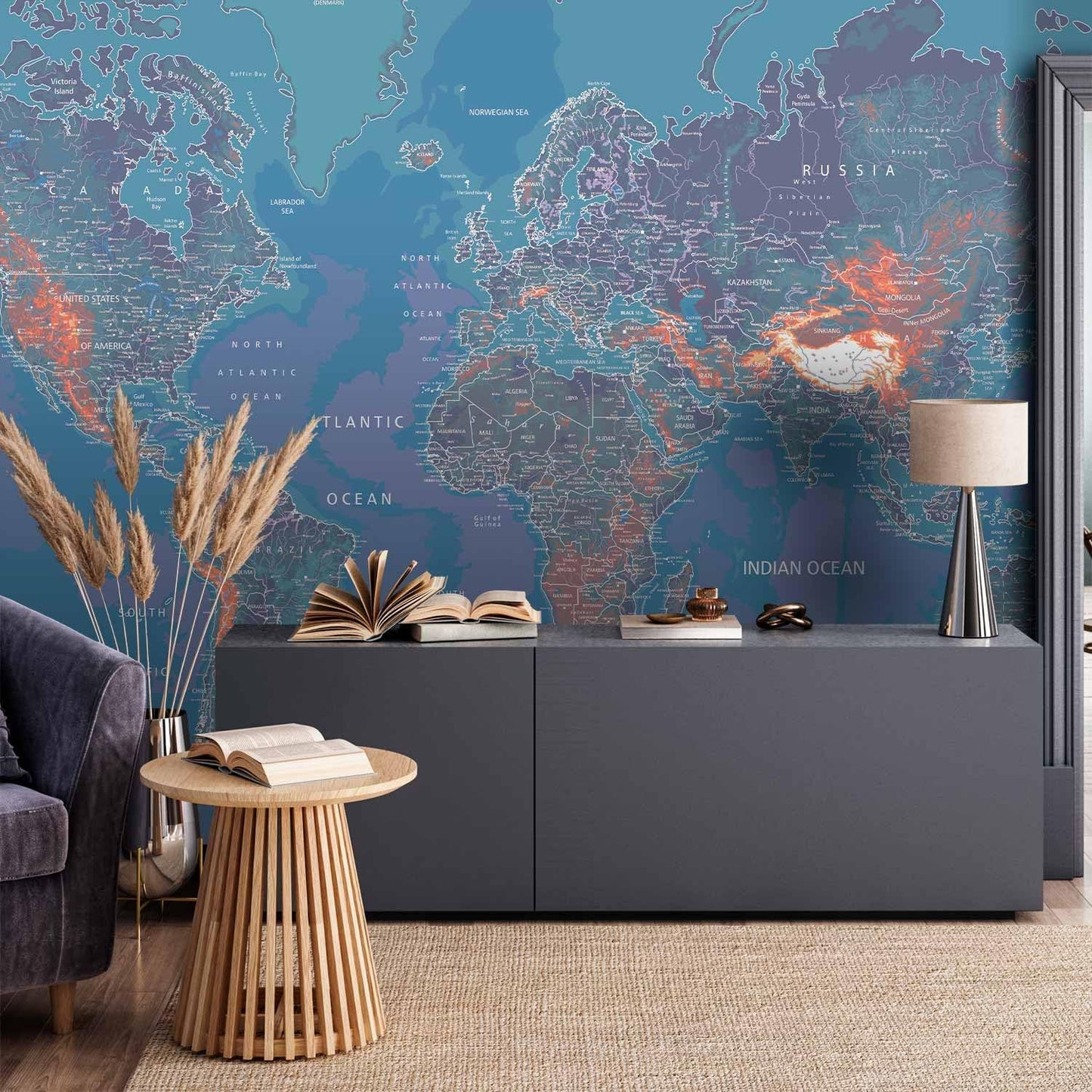 artgeist Premium Wall Mural World Map 138x101 in - XXL Non-Woven Wallpaper Fleece Wall Decor Photo Print Picture Image Design Home Map of The World k-A-0061-a-d