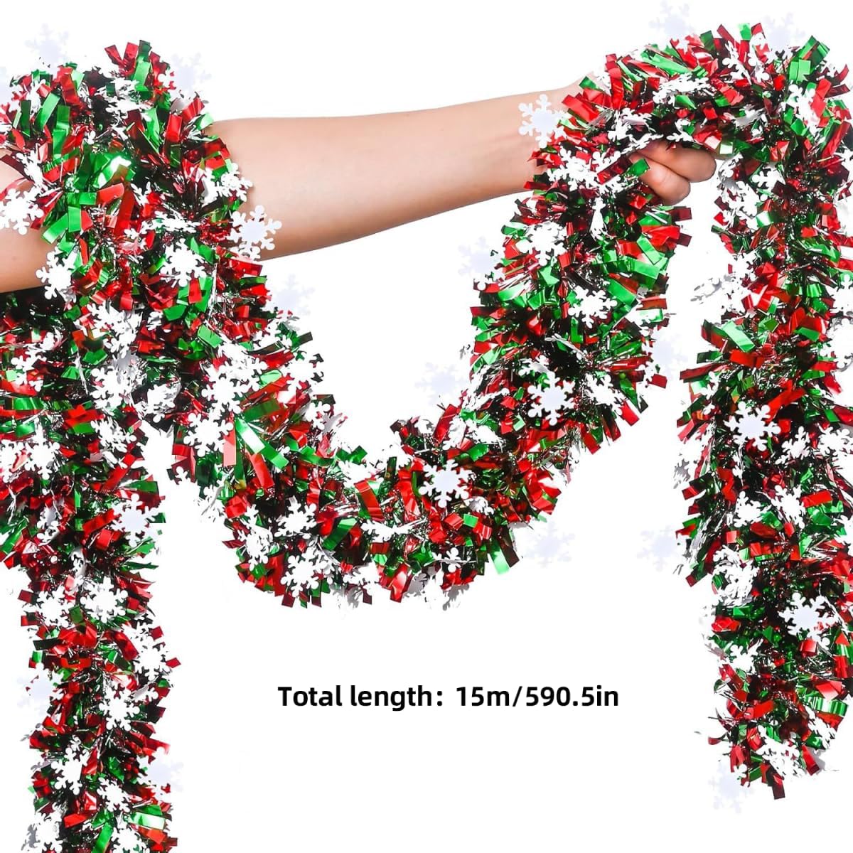 50 Feet Green Red Christmas Metallic Tinsel Twist Hanging Garland with Snowflake for Home Mantle Xmas Tree Staircase Railing New Year Holiday Party Indoor Outdoor Decorations（2 Pcs）
