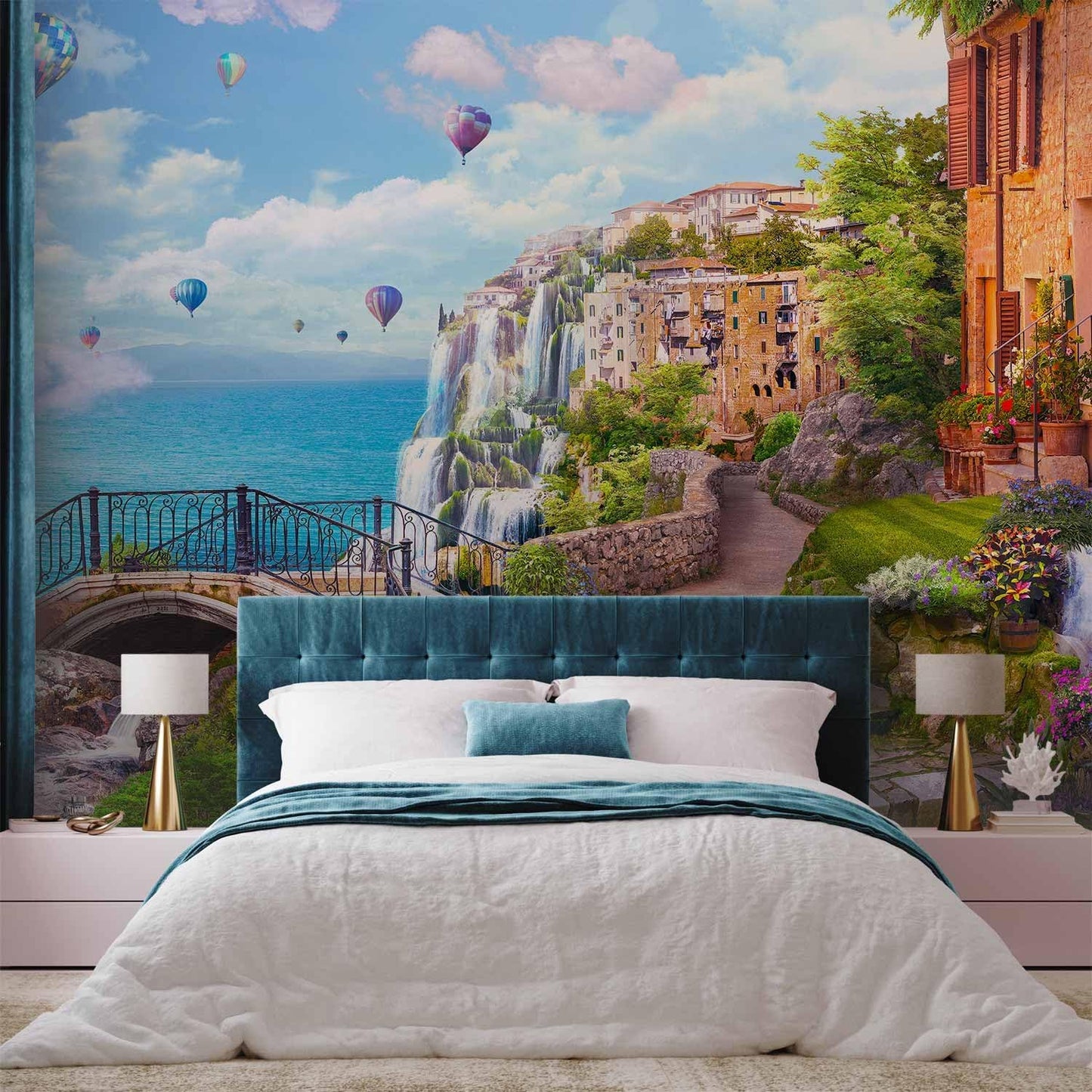 artgeist Premium Wall Mural Landscape 216x98 in - Non-Woven Photo Wallpaper Art Print Fleece Wall Mural Decoration Poster Baloons Waterfall Architecture Landscape Clouds c-B-10182-a-a