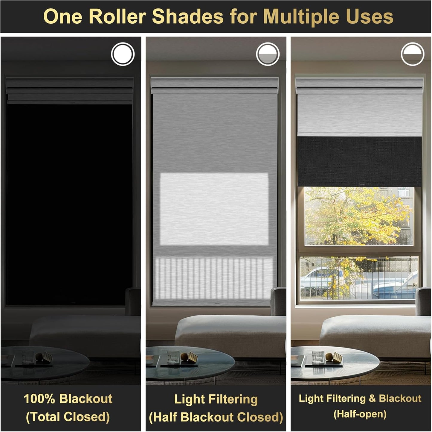 BERISSA Cordless Double Roller Shades with Cassette Valance, Blackout & Light Filtering, Day & Night for Home Office Door. Linen Black & White, 62 W x 80" H