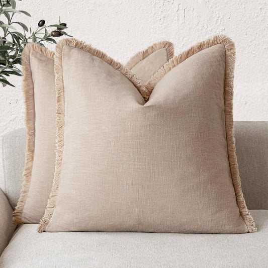 Foindtower Set of 2 Decorative Linen Fringe Throw Pillow Covers Boho Farmhouse Cushion Cover with Tassels Soft Accent Pillowcase for Couch Chair Sofa Bed Living Room Home Decor,24×24 Inch,Tan Beige