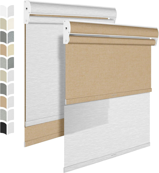 BERISSA Cordless Dual Roller Shades with Cassette Valance - Blackout and Light Filtering Shades for Home Office Door. Linen Beige and White. 44 W x 80" H