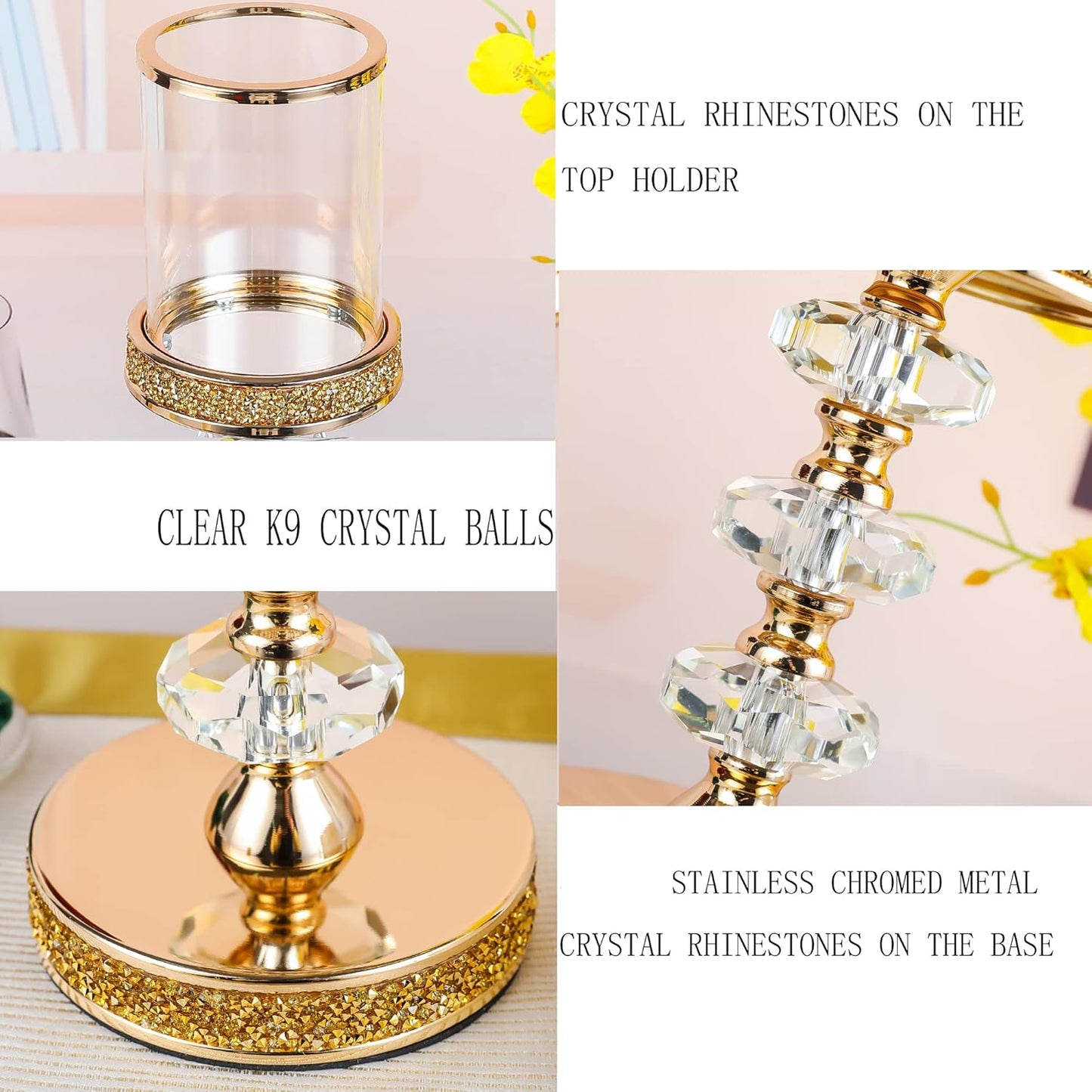 Crystal Pillar Candle Holder with Glass Shade, Gold Metal Base (L)