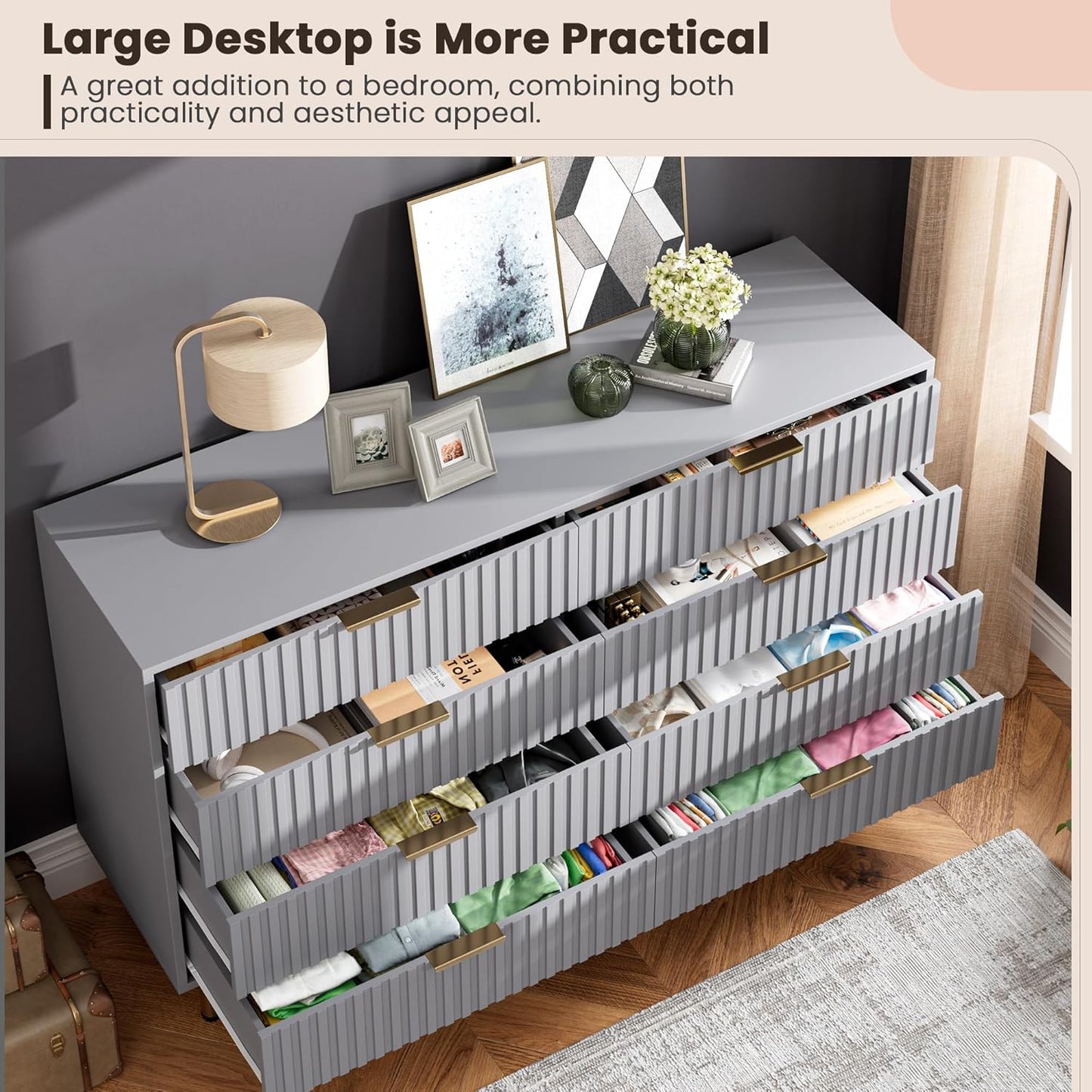 8 Drawer Dresser for Bedroom, Fluted 55" Wide Modern Chest of Drawers with Deep Drawers, Long Large Double Dresser TV Stand, Wooden Dresser Organizer for Living Room, Hallway, Kids Room, Grey