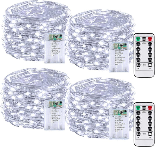 4 Pack 60LED Battery Operated Fairy Lights with Remote, 8 Modes LED String Lights with Timer, Dimmable, Memory Function, Waterproof Twinkle Fairy Lights for Outdoor Indoor Christmas Decor(Cool White)