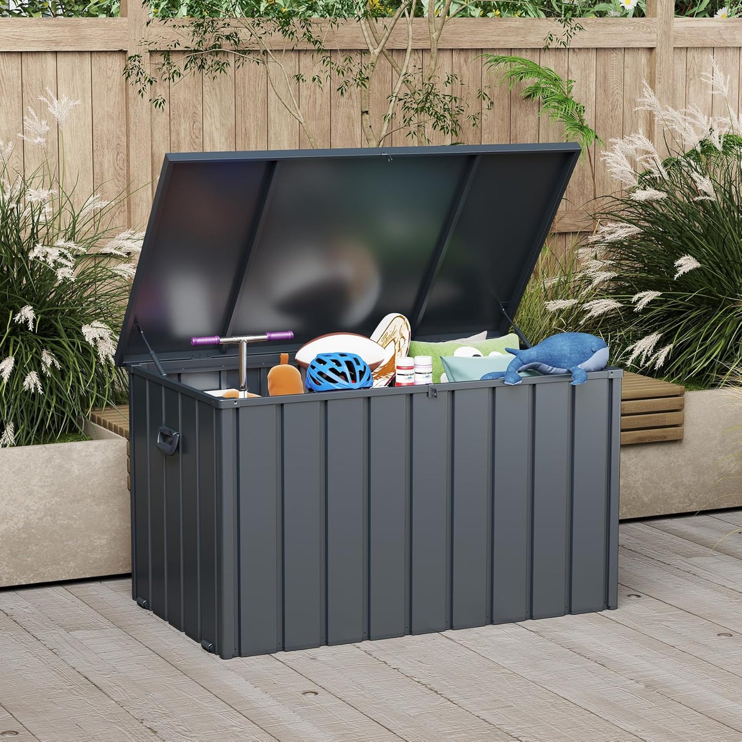 Domi Deck Box Outdoor 150 Gallon, Waterproof Lockable Steel Outdoor Storage Container for Outside Cushions, Garden Tools and Pools Equipment, Gray