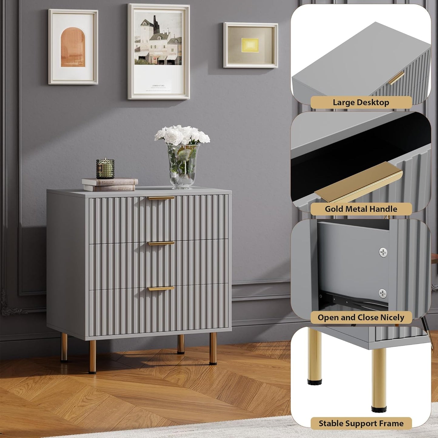 3 Drawer Dresser for Bedroom, Fluted Modern Nightstand with Deep Drawers, Chest of Drawers with Wide Top, Wooden Dresser Organizer, Side Table for Living Room, Hallway, Kids Room, Grey