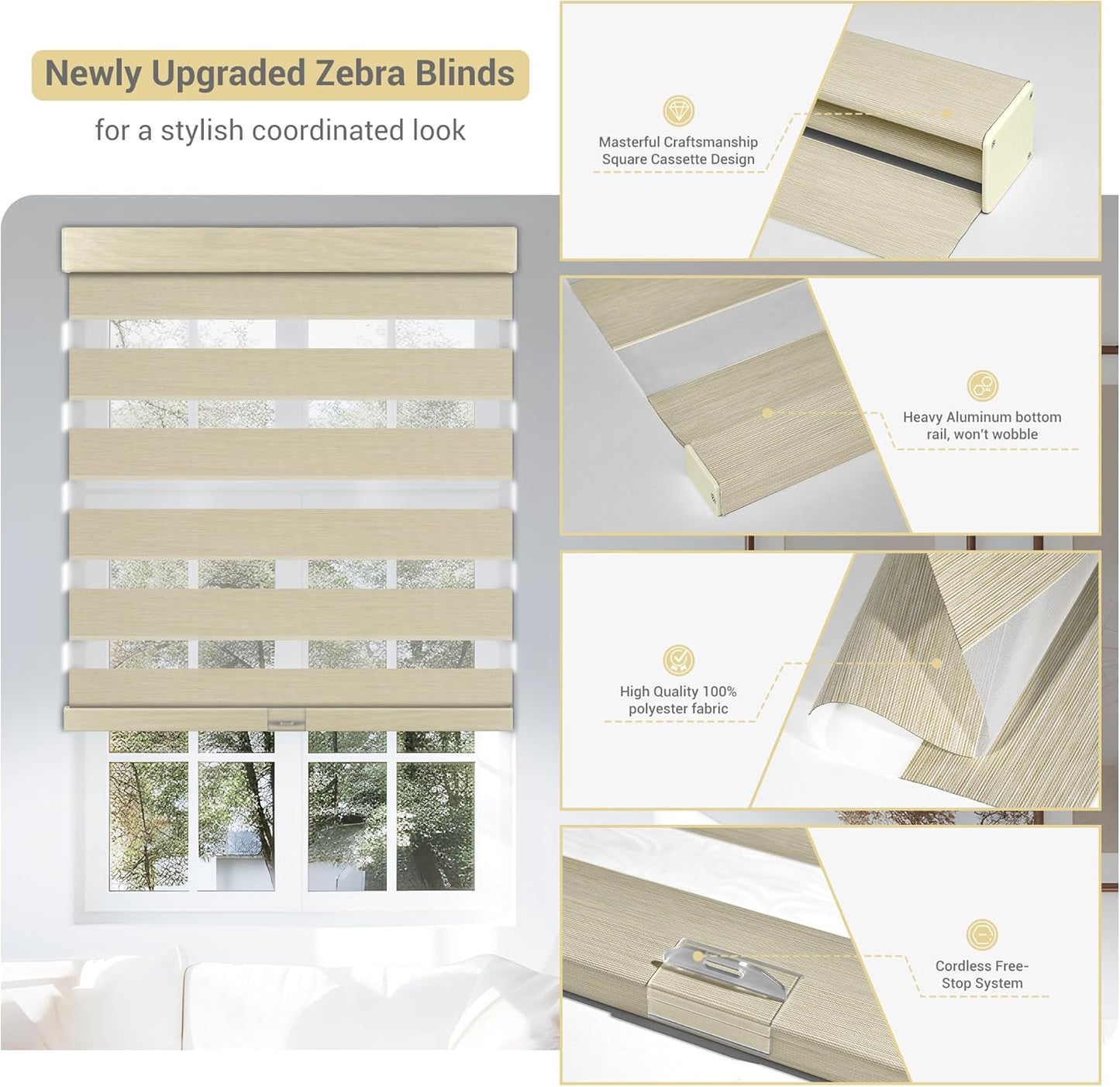 Cordless Zebra Blinds for Windows, Blackout Interior Blinds,Easy to Install,UV Protection,for Offices and Home,Custom Roller Shades, Mousse Beige,70" W x 56" H