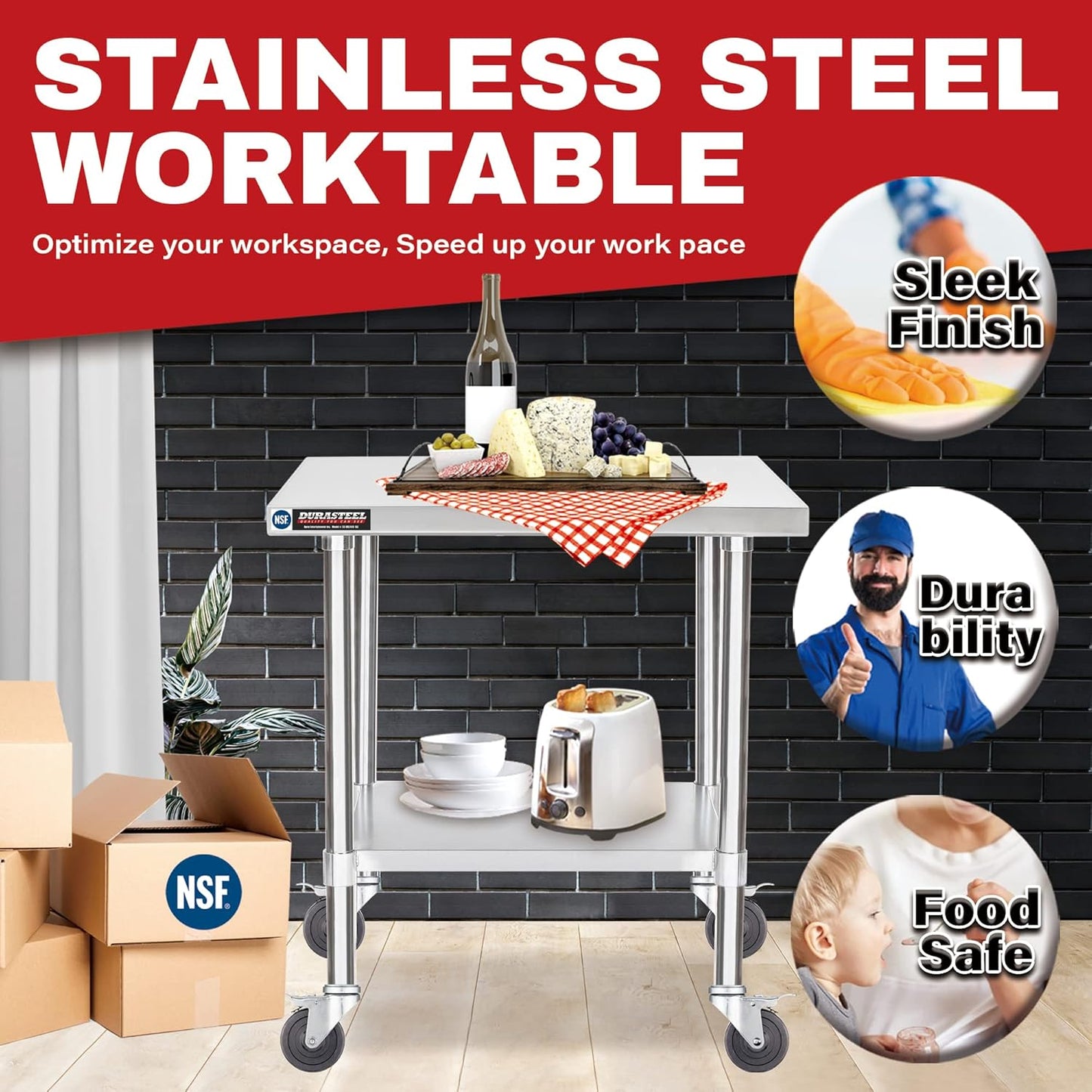 DuraSteel 30x18 NSF Stainless Steel Cart Work Table - Heavy Duty Rolling Food Prep Table - Metal Utility Cart on Wheels Caster, Grill Stand Microwave Outdoor Kitchen Tables Countertop Island Large Top