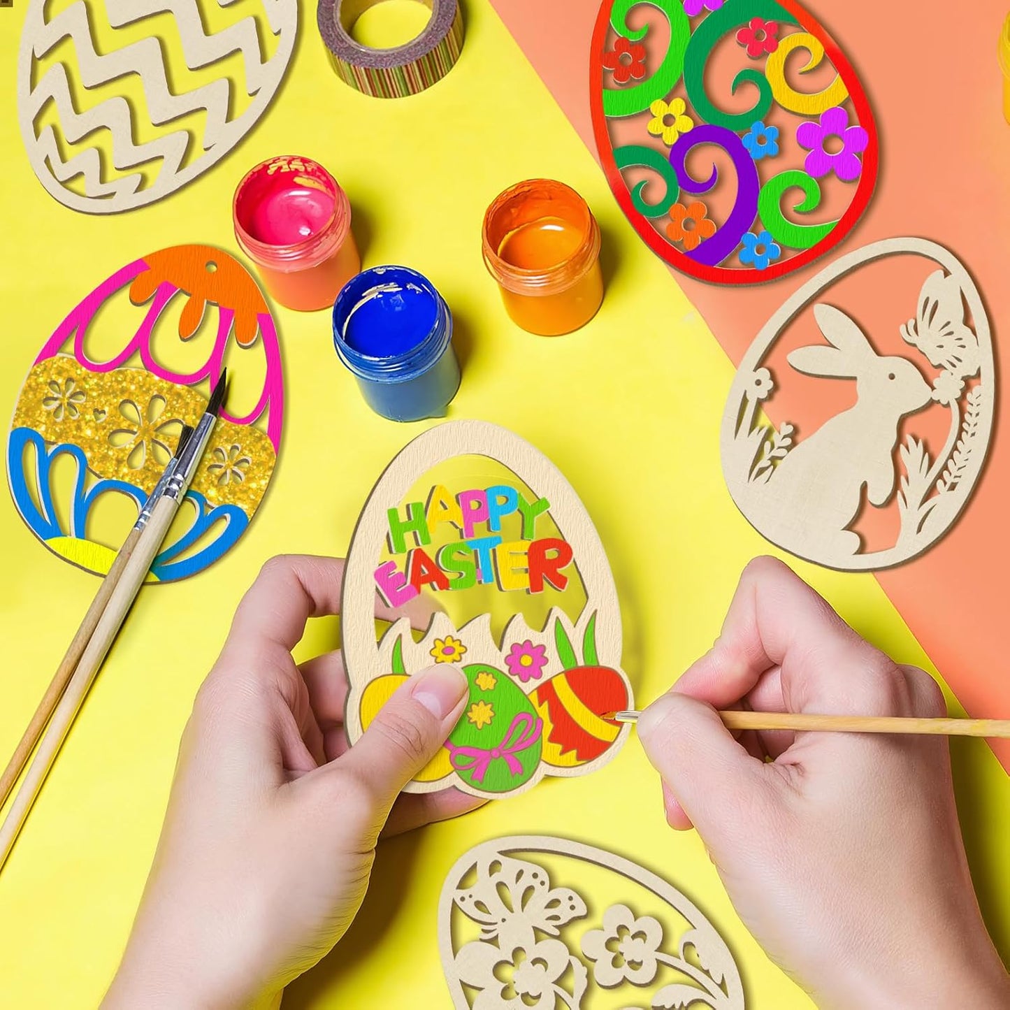 36PCS Wooden Easter Ornaments to Paint, 6 Styles DIY Blank Unfinished Wood Egg Cutouts Ornament for Crafts Hanging Decorations Happy Easter Hallow Egg Rabbit Bunny Butterfly Flower Hen