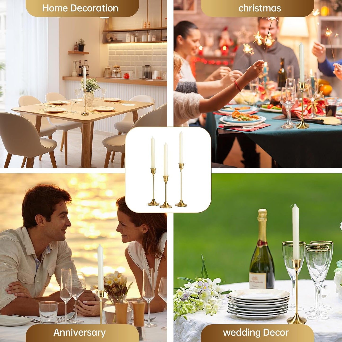 Vintage Brass Taper Candle Holders Set of 6 – Minimal Gold Table & Mantel Decor