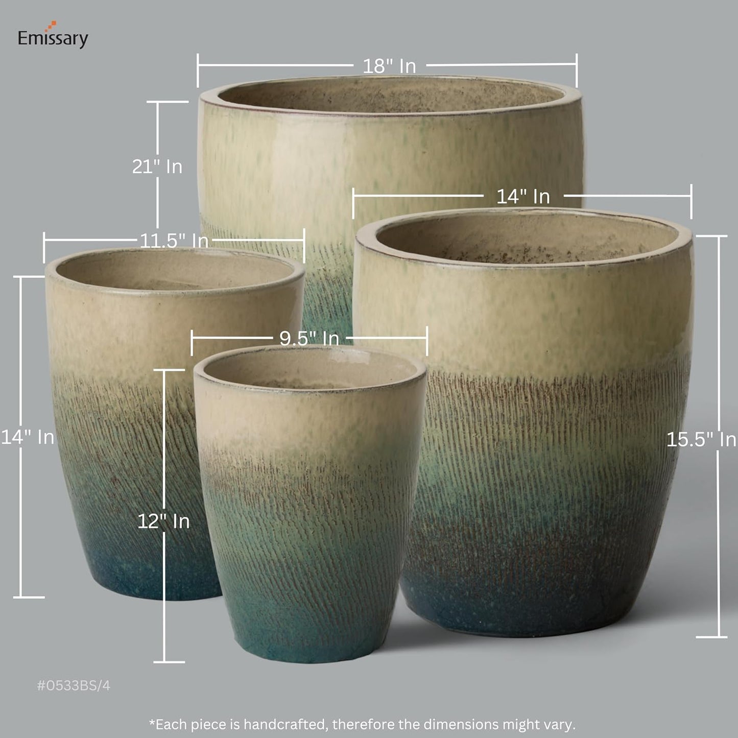 Emissary Home and Garden Bullet 12in., 14in., 15.5in., 21in. H Bayside Green Ceramic Round Planters with Drainage Hole (Set of 4)