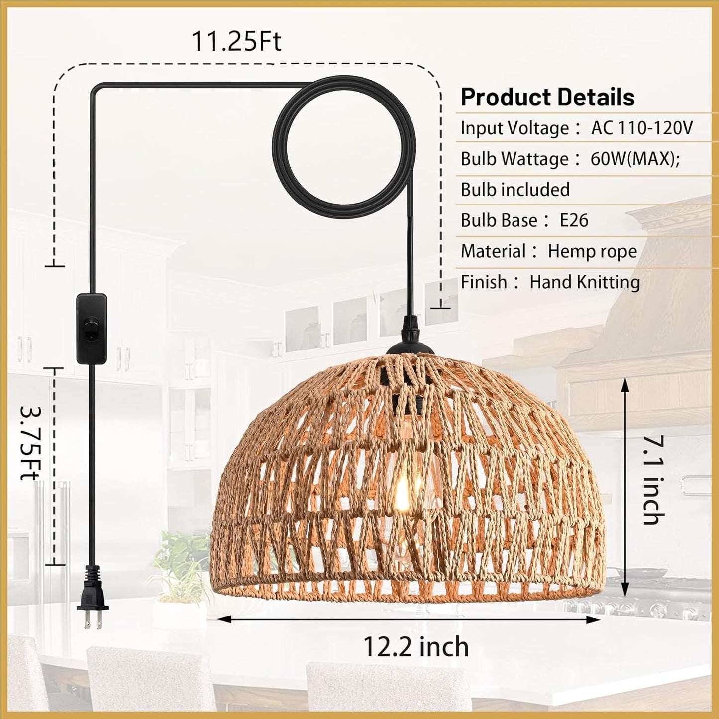 Brown Rattan Light Fixture 15ft Plug In Pendant Light Woven Pendant Light Boho Chandelier Wicker Pendant Light Boho Pendant Light Plug In for Dining Room Kitchen Island Bedroom(Bulb Incl.)