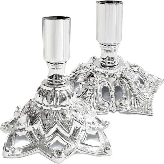 Silver Metal Taper Candle Holders Set, Polished Candlestick Holders for Dining Table &amp; Mantel Decor