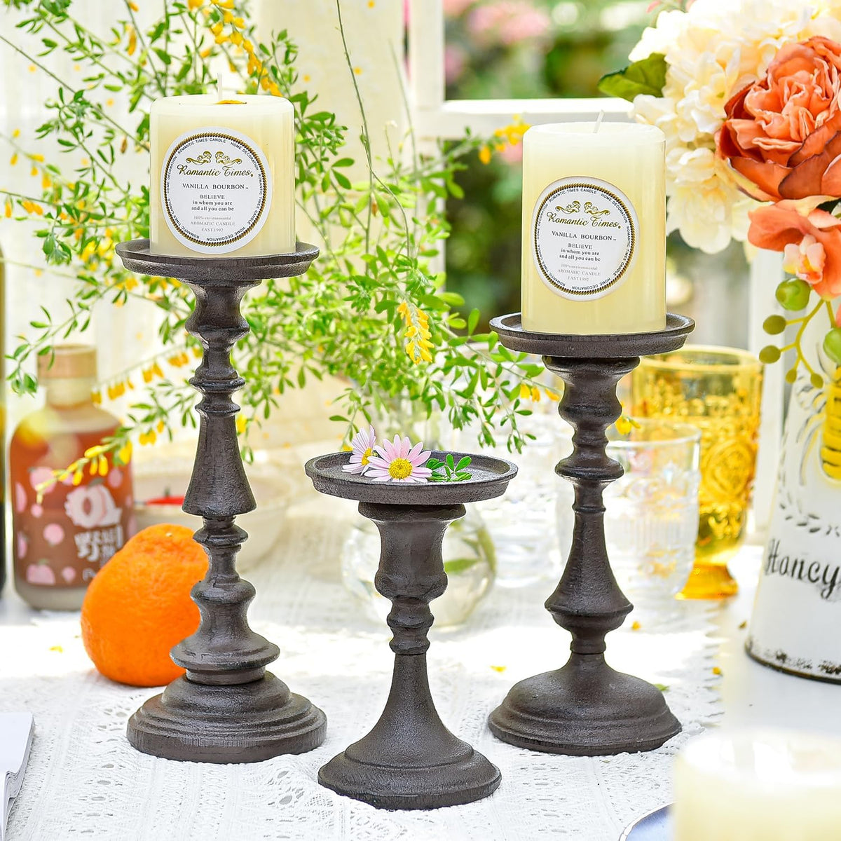 Rustic Cast Iron Pillar Candle Holder, 9.6" Tall Vintage Candlestick Holders, Table Centerpiece Metal Candle Holder, Farmhouse Candle Stand for Fireplace Shelf Home Decor